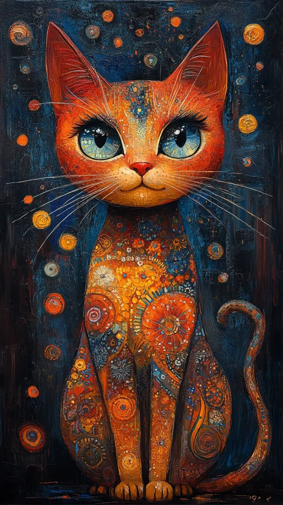 The painting depicts a stylized orange cat with large, expressive eyes, sitting against a dark blue background speckled with colorful dots. The cat's fur is intricately patterned with swirls and flowers in warm shades of orange, yellow, and red, creating a vibrant and whimsical aesthetic. The cat's expression is gentle and curious, adding to the overall sense of charm and playfulness.