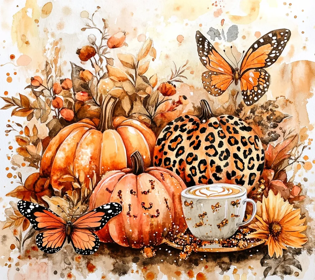 A watercolor painting features three pumpkins, a cup of coffee, and two butterflies. The pumpkins are all different shades of orange and are surrounded by fall leaves. One pumpkin is decorated with a leopard print, while another has a glittery finish. The butterflies are perched on the pumpkins, adding a touch of whimsy. The coffee cup is filled with a warm beverage and is sitting on a saucer. The background is a soft, watercolor wash of oranges, browns, and yellows.  The painting evokes a cozy, autumnal atmosphere.