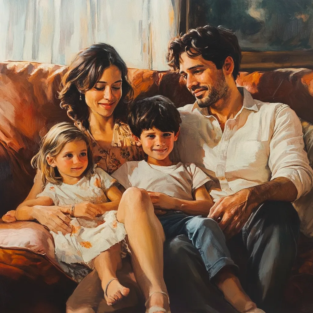 A family of four is sitting on a brown leather couch. The father is on the right, wearing a white button-down shirt and jeans. He has dark hair and a beard. The mother is on the left, wearing a floral dress and has long dark hair. A young girl is sitting on her lap, wearing a white dress with floral patterns. A young boy is sitting between them, wearing a white shirt and blue jeans. The family is looking at the viewer with warm smiles. The lighting is soft and warm, creating a cozy and intimate atmosphere.
