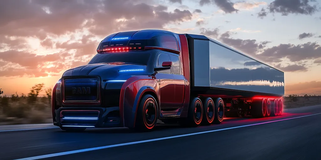 A sleek, futuristic semi-truck, emblazoned with the "RAM" logo,  travels down a highway at dusk. The truck is painted in a bold red and black, with blue LED accents. Its sharp angles and aerodynamic design suggest advanced technology. The setting sun casts a warm glow on the surrounding landscape.  The truck's powerful presence and modern features hint at a future of efficient and stylish transportation.