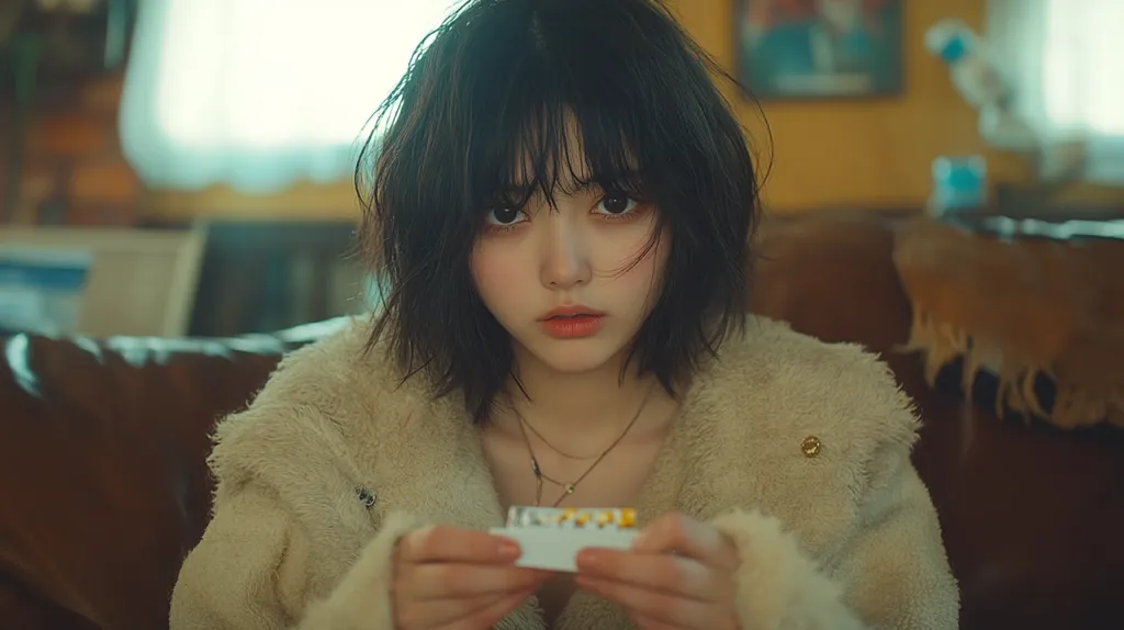 A young woman with short black hair and bangs sits in a living room. She is wearing a cream-colored fuzzy jacket. She looks directly at the camera with a serious expression, holding a small white box in her hands. The room behind her is out of focus, creating a sense of isolation. The image is bathed in soft, warm lighting.