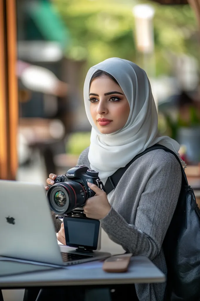 A young woman wearing a white headscarf and grey sweater sits at a table, holding a professional camera.  She looks thoughtfully toward the right, with a laptop and other equipment spread out in front of her.  The scene is set outdoors, with a blurred background of greenery.  The image suggests a photographer working on a project.
