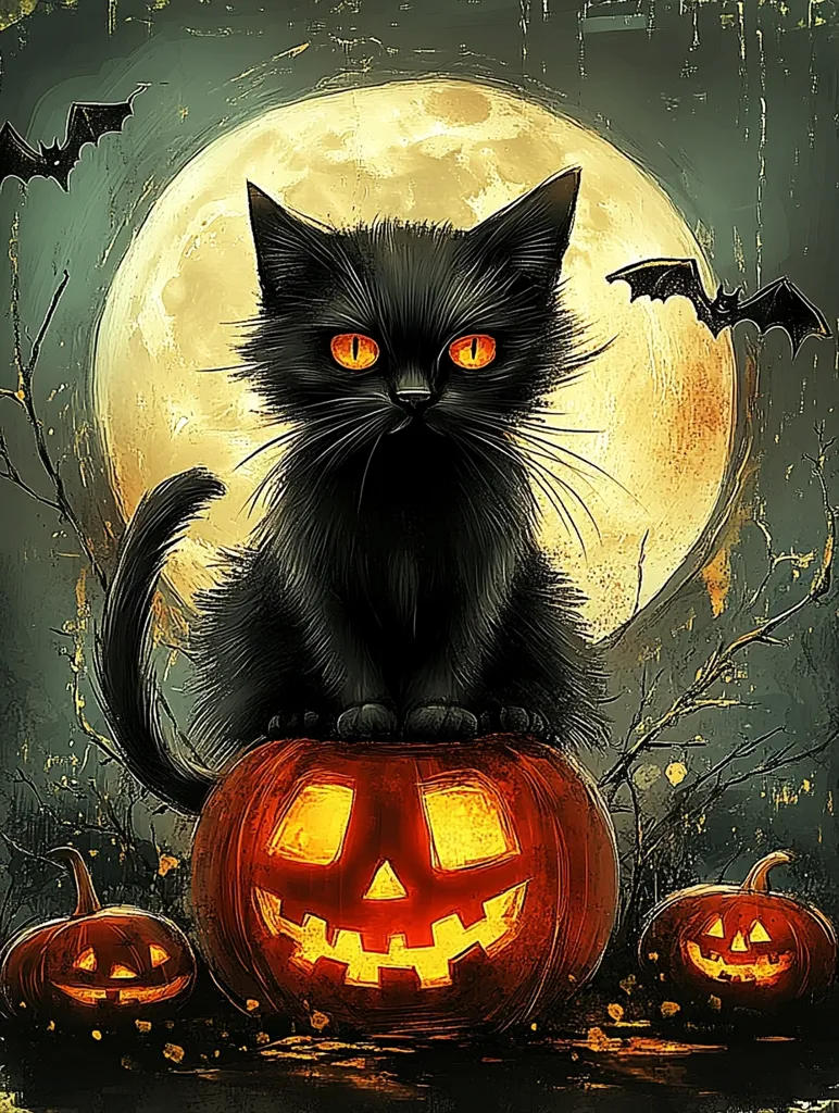 A black cat with bright orange eyes sits on top of a jack-o-lantern under a full moon.  There are two smaller pumpkins on either side of the main pumpkin, and bats fly in the night sky.  The scene is painted in a dark and spooky style, suggesting a Halloween setting.