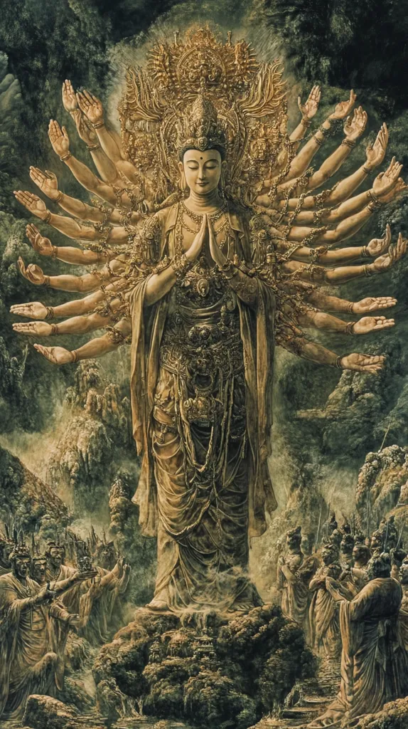 A large, golden, multi-armed Buddha stands on a rocky ledge, surrounded by lush greenery. The Buddha has a serene expression and is holding their hands together in prayer. The Buddha's many arms are outstretched, each hand in a different gesture of blessing or teaching.  Smaller figures, dressed in similar garb, kneel and bow in reverence below the Buddha.  The painting conveys a sense of spiritual power and devotion.