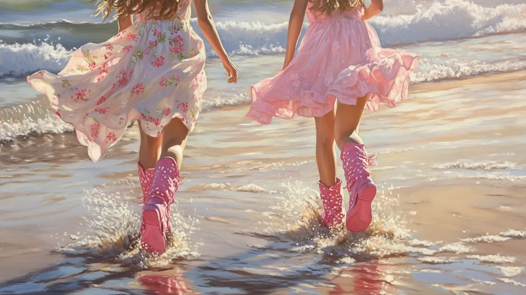 Two young girls in pink dresses and pink polka dot rain boots run through the shallows of a sandy beach. The waves lap at their feet, creating a splash of water around their legs. The girls are facing away from the viewer, but their happy expressions can be felt through their carefree strides. The scene is bathed in warm, golden light.