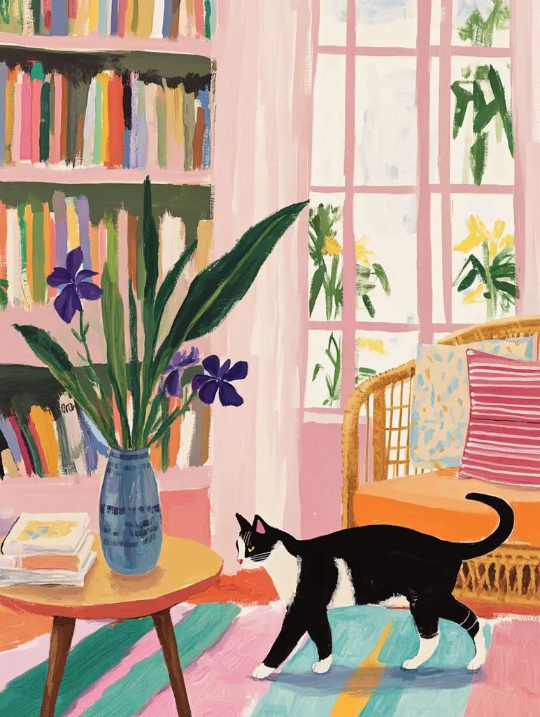 A black and white cat walks across a bright, colorful rug in a room with a large window, a bookshelf, and a wicker armchair. The cat is walking toward a side table with a vase of purple flowers. The room is filled with light and warmth, and the artwork is whimsical and inviting.  The image is created in a painterly style with bold strokes and bright colors.