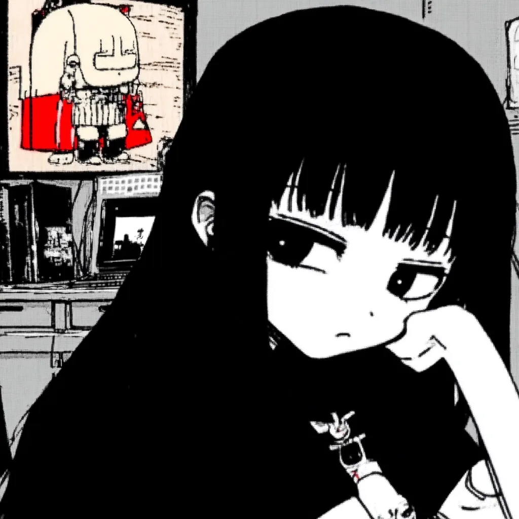 The image features a young woman with long black hair and a black and white outfit. She is looking down and has her hand resting on her chin, seeming thoughtful or perhaps bored.  She is sitting in front of a television set, with a cartoon character on the screen. The room is minimalist and dark, with a simple desk in the background. The image has a dark and moody atmosphere.