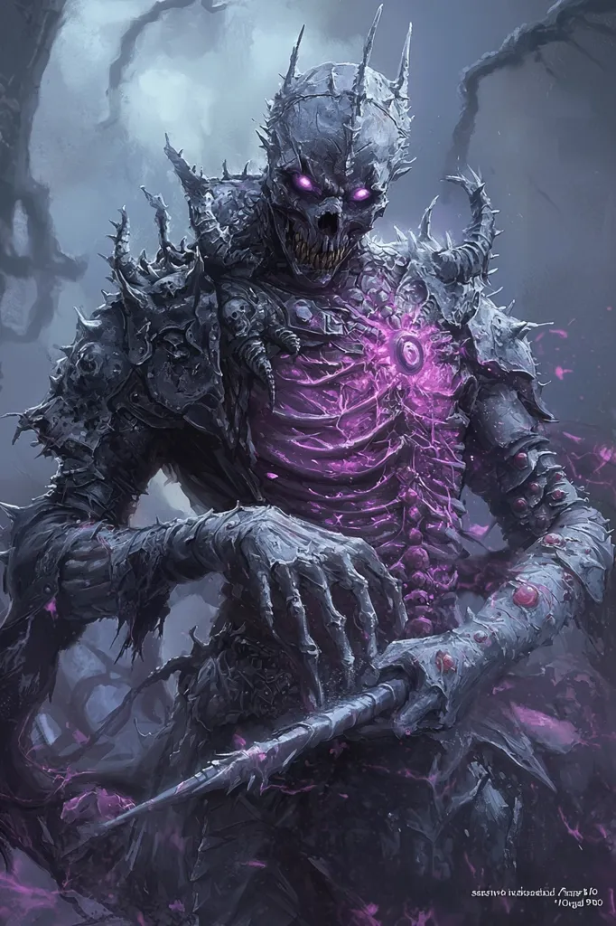 The image depicts a skeletal creature, possibly a demon or undead being. It has a ghastly, skeletal visage with glowing purple eyes, and its body is covered in armor adorned with spikes and skulls. The creature's chest is open, revealing a glowing purple core. It holds a staff in its bony hand, and its expression is one of malevolent power. The dark background and the creature's menacing features create a sense of fear and unease.