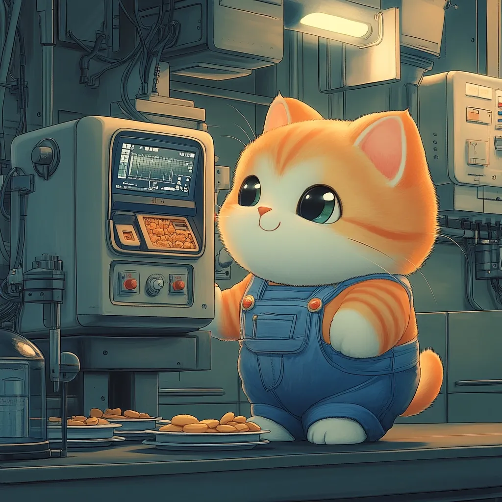 A cartoon cat wearing blue overalls is standing in front of a machine in a futuristic kitchen. The cat is smiling and looking at the machine, which has a screen with a digital display. The cat is standing on a counter next to three plates of food. The background is a dimly lit kitchen with various pipes and wires.  The scene is playful and whimsical.
