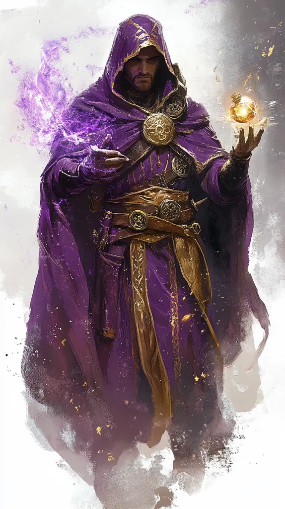 The image depicts a man cloaked in a deep purple robe adorned with intricate golden embroidery. He wears a hood that obscures his head, but reveals a stern, bearded face.  He holds a glowing orb in one hand, while the other is raised, suggesting he is casting magic. A trail of purple energy trails from his fingertips, creating a dramatic visual effect. The background is a hazy, ethereal white, further emphasizing the magical atmosphere.  The man's confident posture and the swirling energy surrounding him convey a sense of power and authority.