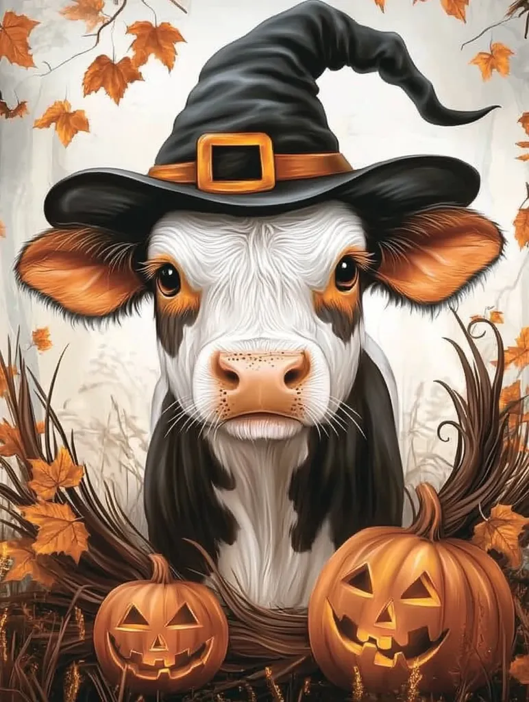 A black and white cow with large brown ears is wearing a black witch's hat with an orange band. The cow is looking directly at the viewer with a serious expression. The cow is surrounded by autumn leaves and two jack-o-lanterns. The image is set against a white background.