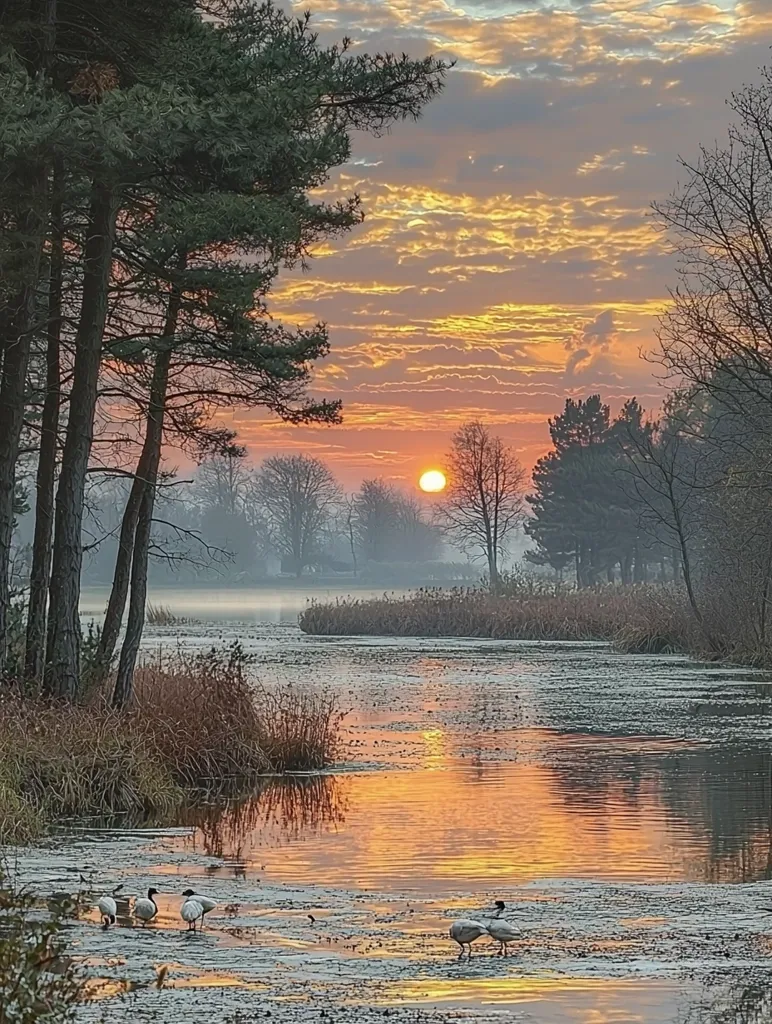 A serene landscape unfolds at sunset, showcasing a tranquil lake surrounded by lush greenery. The sky is ablaze with vibrant hues of orange and pink, reflecting beautifully on the water's surface. Tall trees stand majestically on the shore, their branches reaching towards the heavens. The setting sun casts a warm glow over the scene, creating a sense of peace and tranquility. Several birds are perched on the water's edge, adding a touch of life to the peaceful tableau. The air is filled with the promise of a new day, as nature prepares to rest under the soft embrace of twilight.