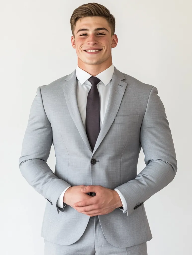 A young man in a grey suit and dark tie stands in front of a white background. He is smiling and has his hands clasped in front of him. He appears to be professional and confident. His hair is neatly styled and he has a clean-shaven face.  The light shines on him, creating a slight glare on his glasses.  The suit is well-tailored and fits him well, and the tie is a simple, classic design.