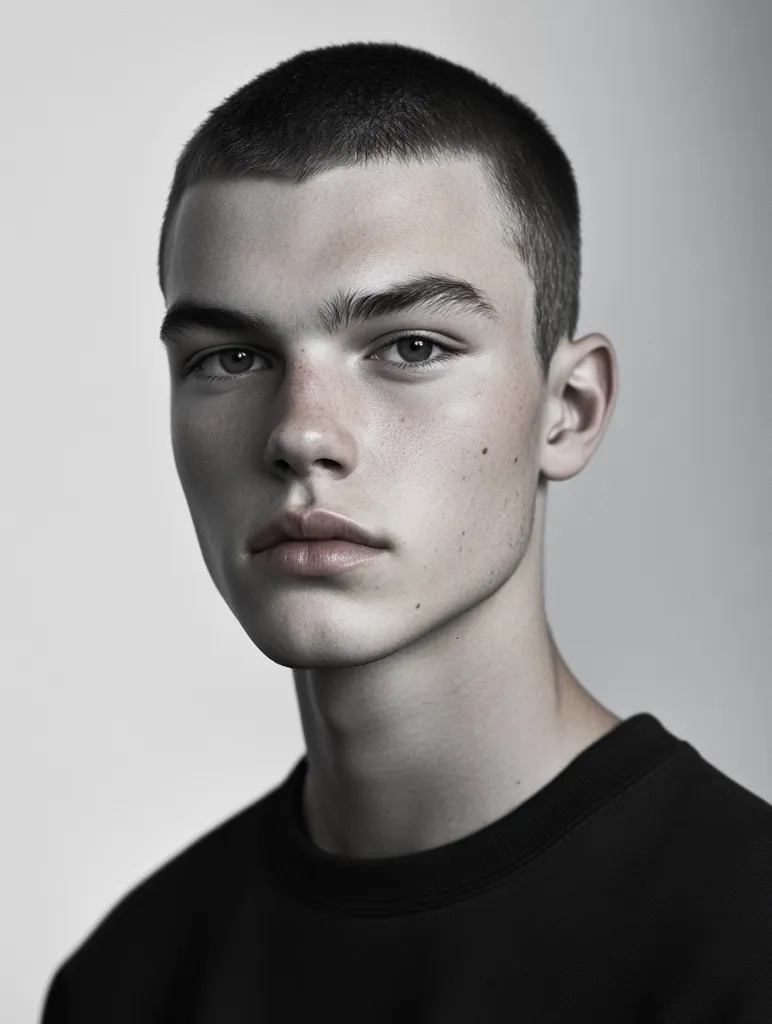 A young man with short, dark hair looks directly at the camera. His expression is neutral, and his features are sharp and defined. His skin is fair and smooth, and he is wearing a black crew-neck t-shirt. The background is a simple, plain grey.  The overall mood of the image is quiet and contemplative.