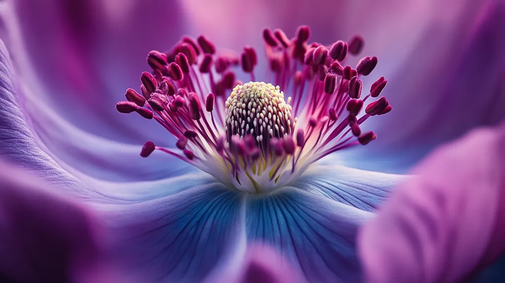 A close-up of a delicate flower, with soft, purple petals surrounding a bright, white center. The flower's stamen is a cluster of tiny, red and purple structures, creating a captivating contrast against the flower's pale blue center. The image captures the intricate details of the flower's anatomy and its delicate beauty.