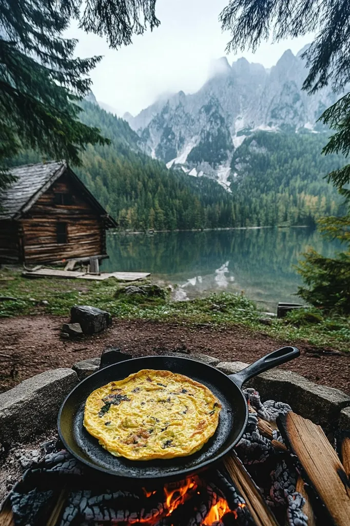 A cast iron skillet sits atop a crackling fire, cooking a large, golden omelet. The tranquil scene unfolds in front of a rustic wooden cabin nestled on the edge of a serene lake. Majestic snow-capped mountains rise in the background, their peaks shrouded in mist. The picturesque setting offers a harmonious blend of nature's beauty and simple pleasures.