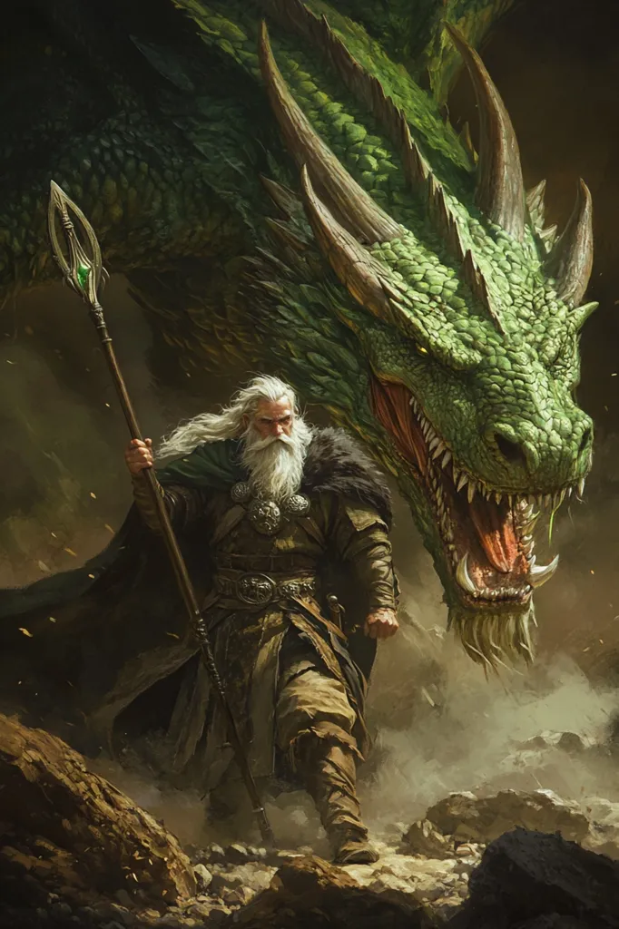 A weathered, white-bearded warrior stands before a massive green dragon, its mouth open in a menacing snarl. The warrior holds a staff tipped with a green gem, his eyes locked on the dragon. He is clad in leather armor and a heavy cloak, his expression resolute. The dragon's scales shimmer in the dim light, its sharp teeth and claws visible. Dust and smoke swirl around them, hinting at a recent battle or a tense standoff. The scene is one of power and danger, a clash between man and beast.