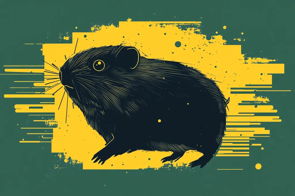 The image depicts a black and white illustration of a guinea pig on a yellow and green background. The guinea pig is facing the left side of the image, with its head turned to look directly at the viewer. The background is a  bright yellow with dark green stripes, splatter paint effects, and a few yellow dots scattered around. The guinea pig is drawn in a detailed, stylized way, with a focus on its fur. The image has a simple, bold aesthetic and feels modern and fun.