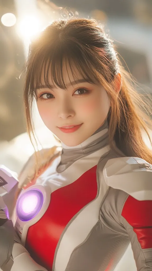 A young woman with long brown hair, wearing a white and red suit with a glowing purple circle on her chest, looks directly at the camera with a slight smile. She is wearing  a white and red suit that appears to be made of a flexible material, similar to a wetsuit. The background is blurry, creating a sense of depth and focus on the subject. The lighting is soft and warm, emphasizing the woman's features and the sleekness of her suit.  The image is suggestive of a science fiction or futuristic setting.