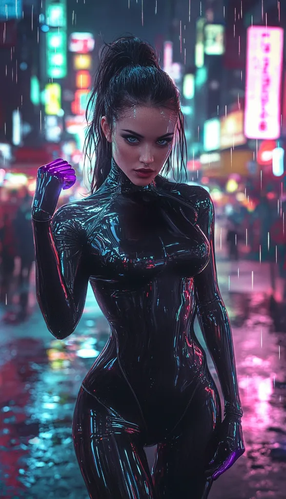 A woman with dark hair pulled back in a ponytail wears a black, shiny suit. Her right hand is a metallic, glowing blue. She stands in a neon-lit, rainy city street, her serious expression suggesting she's ready for action. The vibrant colors of the street lights and the rain create a futuristic, cyberpunk aesthetic.  She is a powerful and enigmatic figure, blending into the urban landscape.