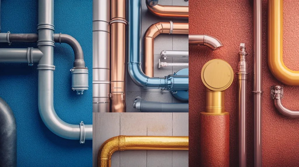 The image shows a collage of three different sections of pipes. The first section features silver pipes on a blue background. The second section features copper, silver and blue pipes on a grey background. The third section shows silver, copper, and gold pipes on a red background. The pipes are all arranged in a visually appealing pattern.  The image is a striking example of abstract modern art, utilizing bold colors and geometric shapes to create a unique visual statement.