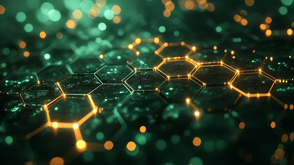 The image shows a close-up of a hexagonal grid. The grid is made of dark green, almost black, material with bright golden lines connecting the hexagons. There are blurred lights in the background, giving the image a futuristic and digital feel. The image could represent a circuit board, a network, or a technological concept.