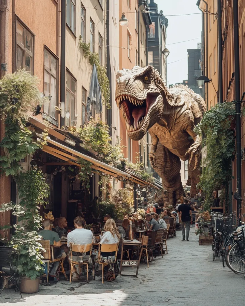 A giant Tyrannosaurus Rex looms over a quaint European street cafe, creating a surreal scene. The dinosaur's massive head and gaping jaws dominate the narrow alley, casting a shadow over the tables where people are oblivious to the impending threat. The brick buildings and lush greenery add a touch of normalcy to the extraordinary encounter.  The scene is both humorous and unsettling, leaving the viewer wondering what will happen next.