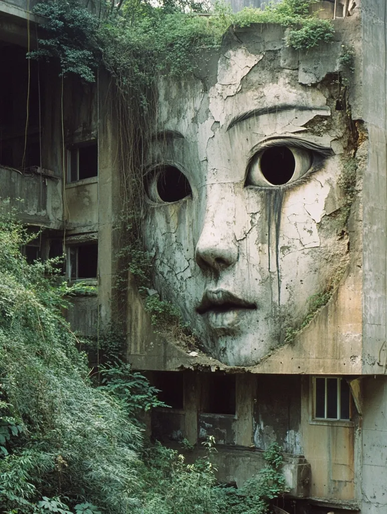An abandoned concrete building is overgrown with foliage. A large, cracked face is painted on the side of the building, with one eye looking directly at the viewer. The face is weathered and worn, with cracks and peeling paint, creating a haunting and surreal effect. The building appears to be decaying, with broken windows and crumbling walls. The greenery provides a stark contrast to the concrete, suggesting a slow and inevitable reclaiming of nature.