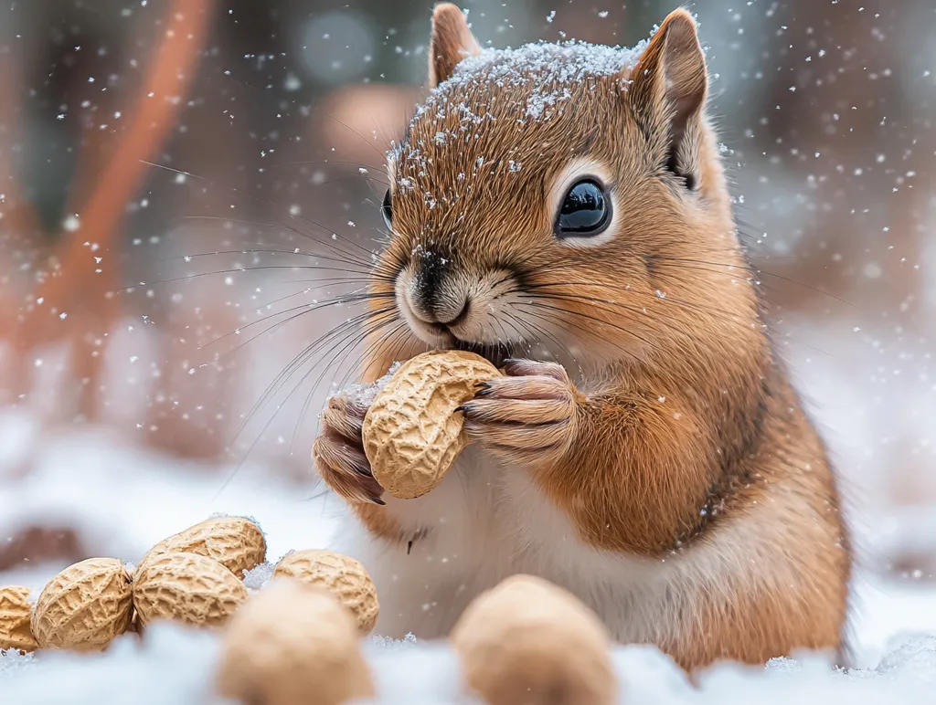 A fluffy brown squirrel sits in the snow, its fur dusted with snowflakes. It holds a peanut in its paws and chomps down, with a few more peanuts scattered around it. The squirrel's big, dark eyes and tiny nose add to its adorable appearance. The background is blurred, creating a soft, wintery feel.