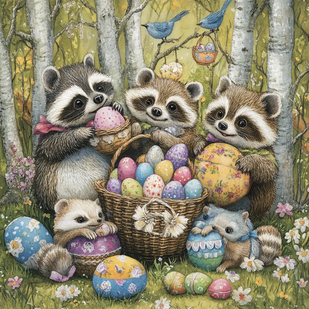 Four raccoons and two bluebirds are gathered in a forest setting. The raccoons are surrounded by colorful Easter eggs, some in a basket, some held in their paws. The scene is whimsical and charming, with a cheerful, springtime atmosphere. The raccoons appear to be celebrating Easter, enjoying the colorful eggs.  Flowers bloom around the animals.