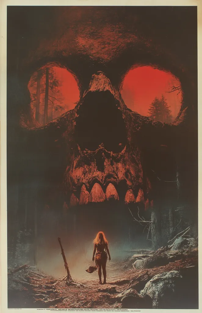 A woman stands alone in a forest, gazing upwards at a giant, menacing skull. The skull looms over her, its red eyes glowing ominously. The forest is shrouded in an eerie mist, and the overall atmosphere is one of fear and dread. The woman appears small and vulnerable in comparison to the immense skull. The image conveys a sense of impending danger and the power of the unknown.