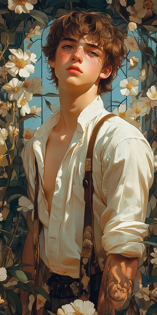 8K Ultra HD, exquisite picture quality, realistic illustrations, blooming chamomile. Two handsome young warriors in battle, one is a slender and weak Russian boy, with a handsome face, long legs, chestnut hair, pale skin, blue eyes, long eyelashes, and a thin six-pack. The other is a handsome Cossack youth rider, with red eyes, black hair, chest muscles, abs, V-line, linea alba, tattoos, and a scimitar. Coronation ceremony, Romanov Dynasty, Orthodox Church, stained glass paintings. Art Nouveau border, Art Nouveau style.,,in clothes --aspect 1:2 --iw 1.25 --cw 10 --version 6.1 --chaos 29 --stylize 1000 --sref https://s.mj.run/xMcs_ZYP8Rc ::5 https://s.mj.run/z0Pbwo3zsOQ ::1 --cref https://s.mj.run/z0Pbwo3zsOQ