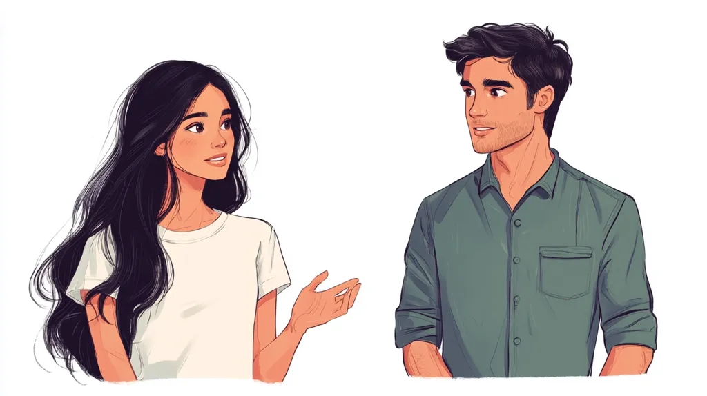 The image depicts a young woman with long black hair, wearing a white t-shirt, and a young man with short dark hair, wearing a green button-down shirt. The woman is gesturing with her right hand, and both are looking at each other, suggesting a conversation is taking place. The background is a simple white, emphasizing the subjects and their interaction. The illustration has a clean and minimalist style.