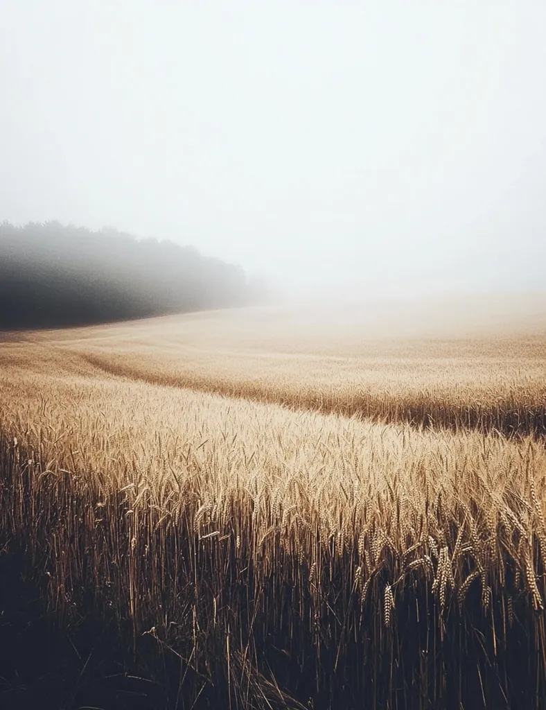A field of wheat stretches out before a hazy forest line. The wheat is a pale gold color, and the fog creates a soft, ethereal atmosphere. The image is serene and peaceful, with a sense of quiet contemplation. The low angle of the shot emphasizes the vastness of the field and the sense of endless horizon.