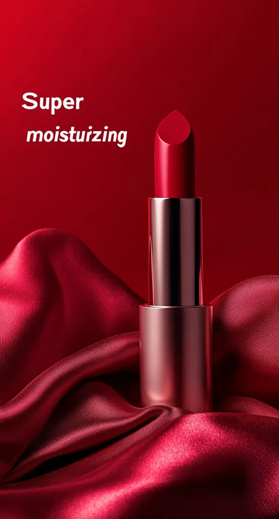 A single tube of red lipstick sits on a bed of crimson satin fabric. The lipstick is a classic, elegant design with a metallic finish. The words "Super moisturizing" are printed in white on a red background. The image evokes a sense of luxury and femininity.