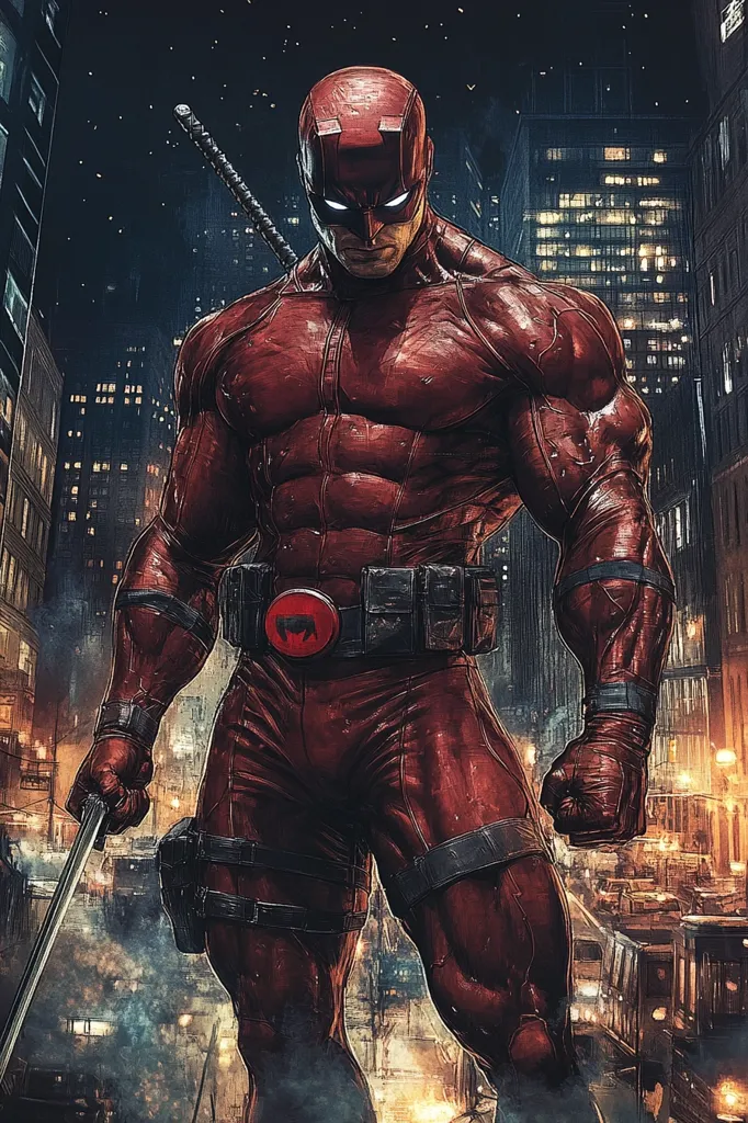 The image depicts Daredevil, a superhero known for his heightened senses and red suit, standing in a dark city street. He has a determined look on his face and his fists are clenched, suggesting he is ready for a fight. He is holding a billy club, a weapon he is known for using. The city background is blurred, emphasizing Daredevil and creating a sense of mystery and action. The overall image is dark and gritty, reflecting Daredevil's world and the challenges he faces.