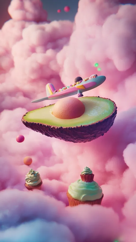 A whimsical scene with a bright pink fluffy background. A colorful toy airplane rests atop a halved avocado, floating in the air.  Two cupcakes, one with pink and one with green frosting, also float in the scene. The overall effect is playful and dreamlike.  The floating elements and vibrant colors create a surreal and fun atmosphere.