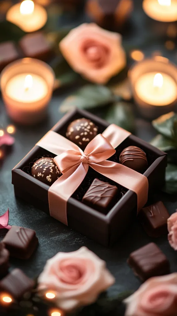 A box of assorted chocolates sits on a dark surface, adorned with a delicate pink ribbon. The chocolates are arranged in a square, and the box is surrounded by pink roses and glowing candles. The warm lighting and romantic setting create a luxurious and indulgent ambiance. The image evokes a sense of celebration and sweetness.
