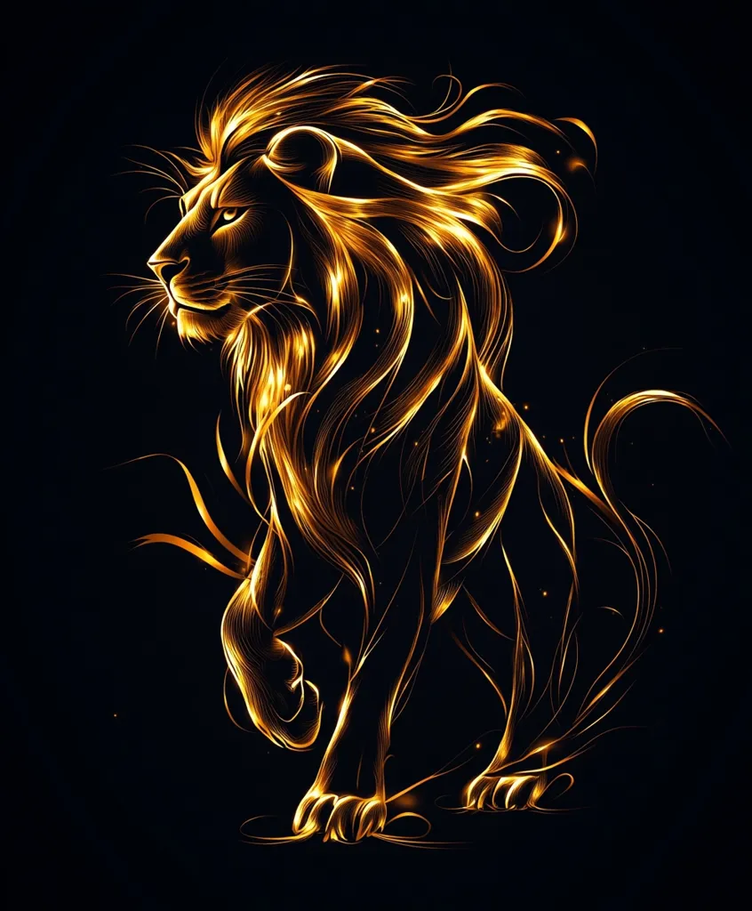 The image depicts a lion rendered in a fiery, golden style against a black background. Its mane, tail, and body are made up of flowing lines that resemble flames. The lion's posture is proud, its head held high, and its gaze directed towards the right. The golden glow emanating from the lion gives it an ethereal and majestic appearance.