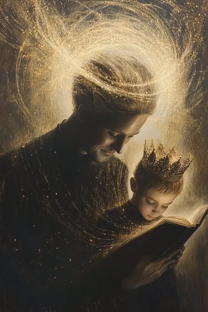 The painting features a woman and a young boy, both with a golden halo of light around their heads. The woman has her hand on the boy's shoulder, and he is looking down at an open book. The woman's gaze is soft and kind, suggesting a caring and protective presence. The overall tone of the painting is one of warmth, love, and gentle guidance. The golden light adds a sense of spirituality and sacredness to the scene.