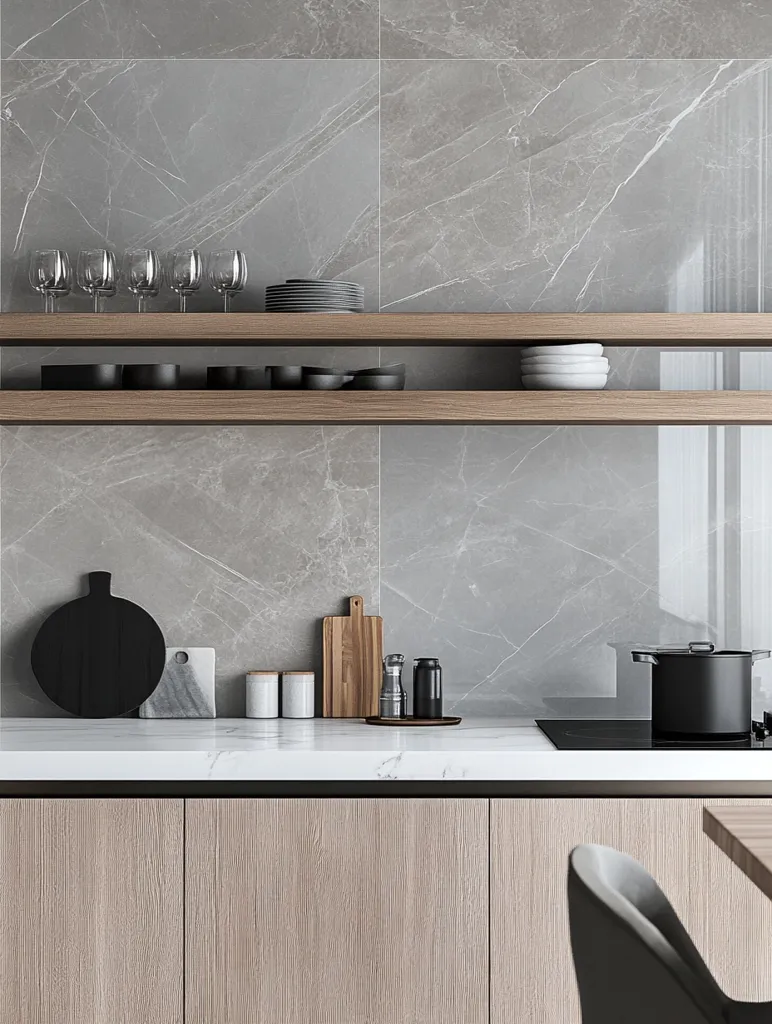 The image shows a modern kitchen with a gray marble backsplash and wooden cabinets. Two shelves are mounted on the wall and hold dishes and glasses.  A white countertop sits beneath the shelves and holds a black cutting board, a wooden cutting board, three spice shakers, and a black pot. A black chair sits in the foreground. The kitchen has a minimalist and clean aesthetic.