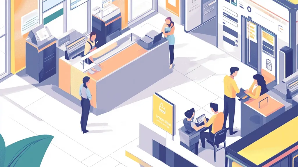 The image shows a busy office environment with several people working at their desks. There are two long desks with computers and office supplies, as well as a smaller desk with a printer. There are also several people standing around, chatting or working on their laptops. The overall atmosphere of the image is one of productivity and busyness.