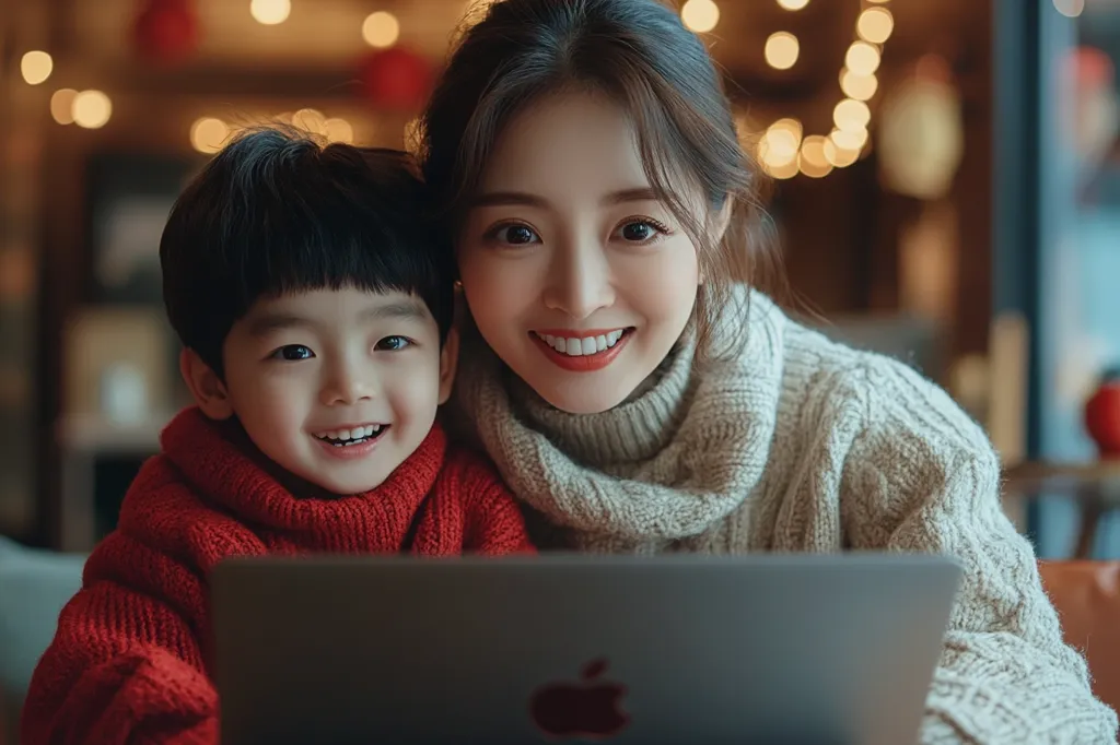 A young boy wearing a red sweater leans in close to a woman wearing a cream sweater, both smiling at the camera. They are looking at a laptop computer with the Apple logo visible on the screen. The background is blurry, featuring out-of-focus lights and a warm, inviting atmosphere.  The image captures a moment of shared joy and connection.