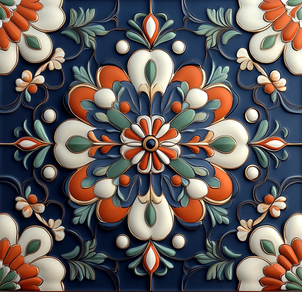 The image depicts a square tile with intricate floral patterns. The central motif features a large, multi-layered flower with orange, white, and green petals. This flower is surrounded by smaller floral designs, creating a symmetrical arrangement. The background is a deep blue, creating a rich contrast with the vibrant colors of the flowers.  The overall effect is one of intricate beauty and craftsmanship.