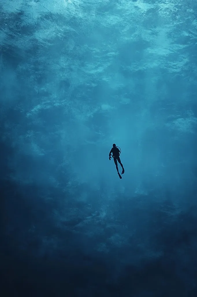 A lone scuba diver floats in a vast, blue expanse.  The diver's silhouette is stark against the deep, murky water.  The only other feature in the image is a faint, hazy light coming from above, creating a sense of isolation and mystery.