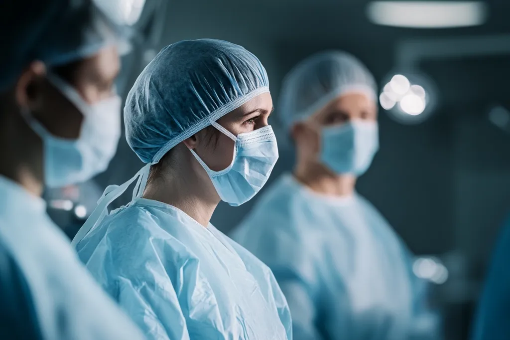 Three people are wearing surgical scrubs, caps, and masks in a sterile operating room. The person in the foreground is in focus, while the two people behind are blurred. The image captures the quiet intensity of a medical setting.