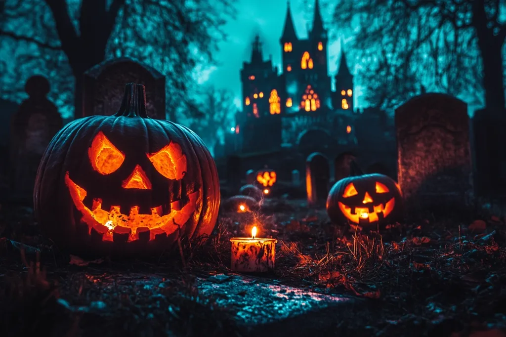 A carved jack-o-lantern with a sinister grin sits in front of a spooky, dark, and mysterious castle in a graveyard setting.  The jack-o-lantern's glowing orange eyes and mouth contrast against the dark, eerie backdrop, making the scene both frightening and captivating. The faint glow of a candle adds a sense of mystery and depth to the image.  The scene is reminiscent of a classic Halloween night.