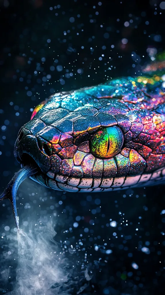A close-up shot of a snake's head with an iridescent green eye. The snake's scales are textured and shimmer in the light. The snake's tongue is extended, and a wisp of smoke trails behind it, creating a surreal and mysterious atmosphere. The background is a dark blue with scattered white and blue lights, resembling a starry night sky. The image evokes a sense of wonder and intrigue.