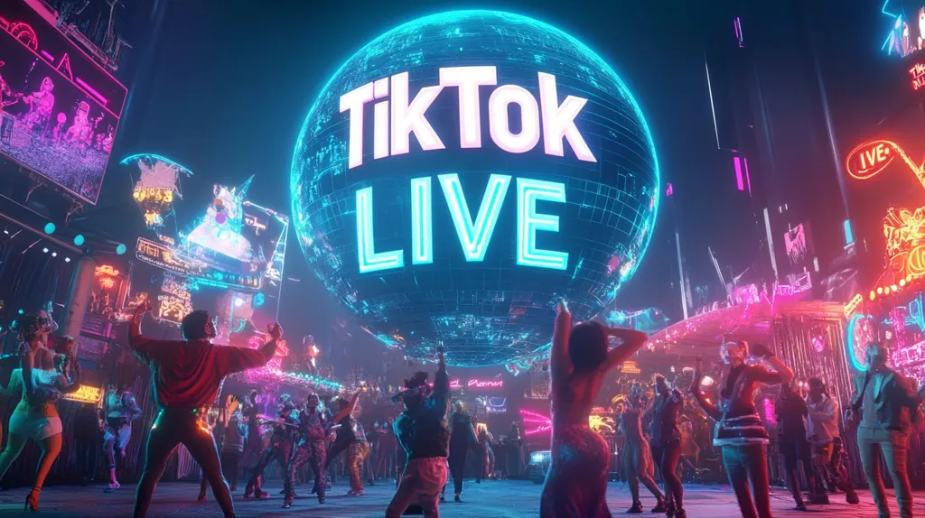 A giant neon-lit sphere with the words "TikTok LIVE" displayed prominently hovers above a vibrant, futuristic cityscape. The scene is filled with neon lights and glowing signage, creating a vibrant and energetic atmosphere. People are gathered below, dancing and enjoying the spectacle. The image evokes a sense of excitement and celebration, capturing the dynamic energy of a social media event.