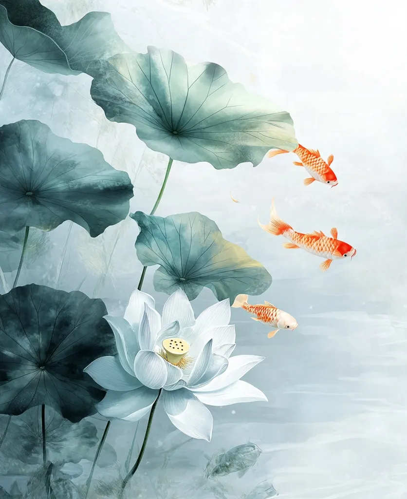 A serene watercolor painting depicts a delicate white lotus flower blooming amongst large, lush green lily pads. Three goldfish with orange and white scales swim gracefully in the water, adding a touch of vibrancy to the tranquil scene. The soft, muted tones and flowing lines evoke a sense of peace and tranquility.
